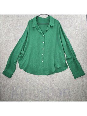 Loose Fit Womens Button-Down Shirt Green 5XL Lightweight 100% Polyester